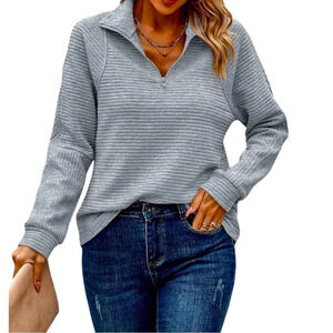 NWT Women’s Fashion Grey 1/4 Zip Up Jacket Long Sleeve Sweat Shirt Casual Top